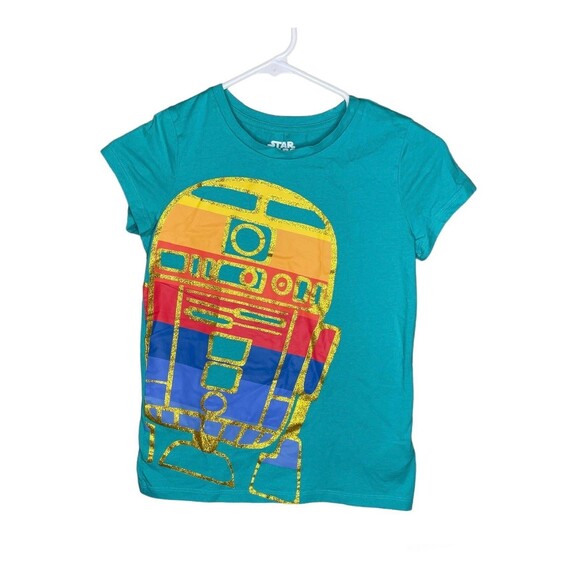 Star Wars Shirt R2D2 Rainbow Gold Shimmer Turquoise Short Sleeve Girls Size 10 - Picture 1 of 5